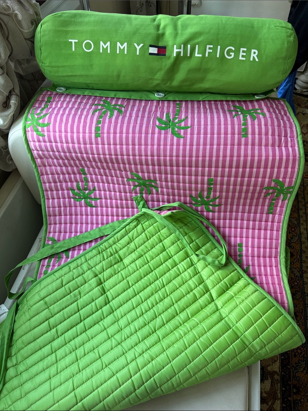 Tommy Hilfiger Pink Stripe Beach Throw with Green Palm Motifs